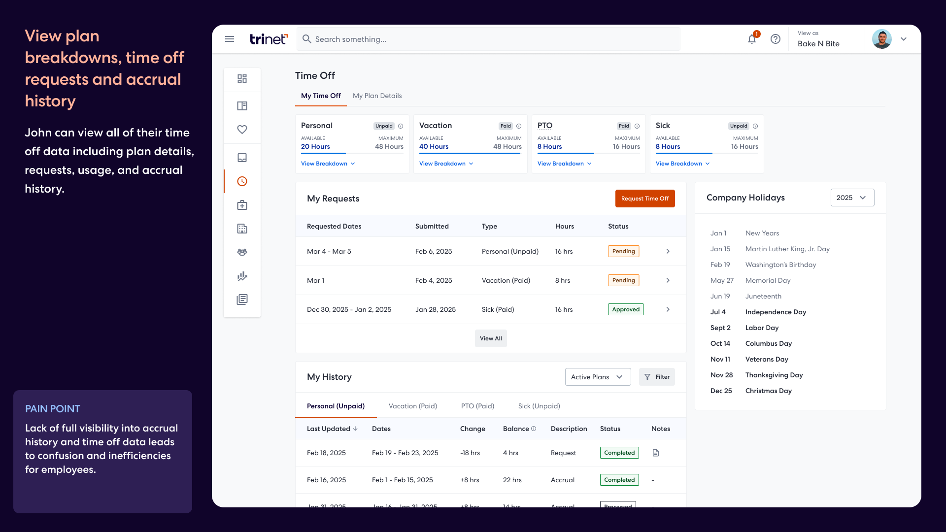 Time off dashboard with plan breakdowns, requests, and accrual history